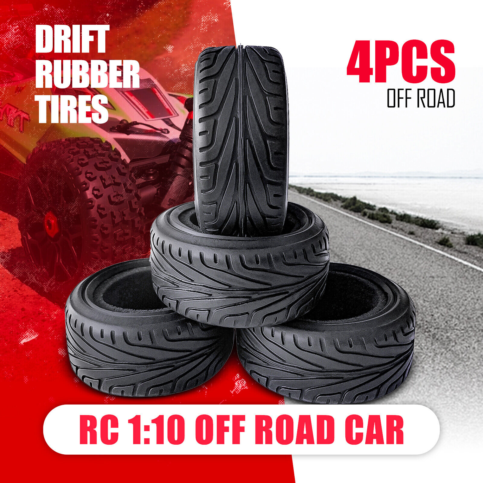 4X 1/10 RC ON ROAD CAR TIRES RUNBBER TYRES w/ FOAM INSERTS For TAMIYA HSP HPI