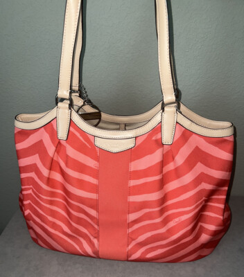 COACH Signature Devin Stripe Zebra Print Shoulder Bag Peach Orange/Tan  #F24022
