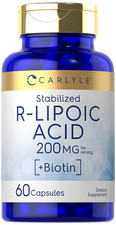 R Lipoic Acid 200mg  60 Capsules  Stabilized  with Biotin  by Carlyle