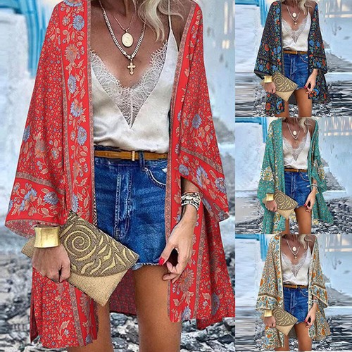 Womens Bohemia Floral Cardigan Kimono Sleeve Beach Cover Up Tops Front Open Coat