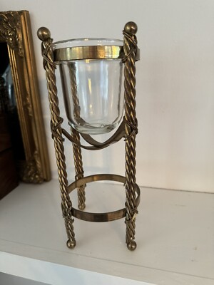 Vintage MCM Solid Brass Candle Holder Glass Rope Style Hollywood Regency 10 