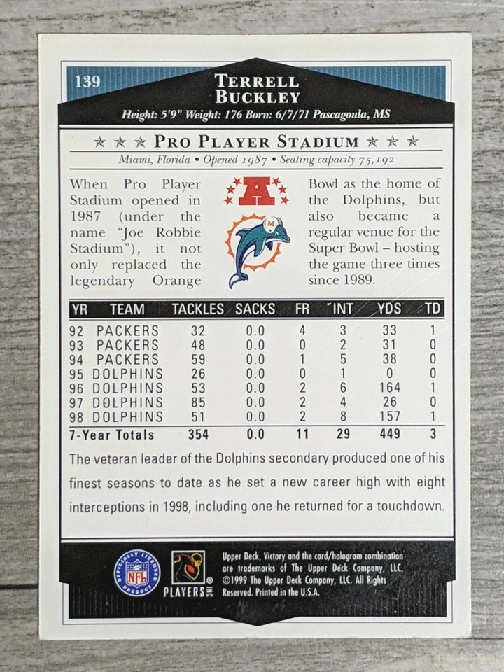1999 Upper Deck Victory Terrell Buckley #139 - Image 2 of 2