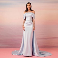 Exquisite Satin Sheath Prom Dresses Sweep Train Zipper Back Simple Evening Dress