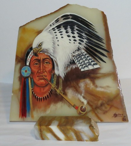 Vintage Hand Painted Hawk & Brave Onyx Marble Tile & Stand, Signed