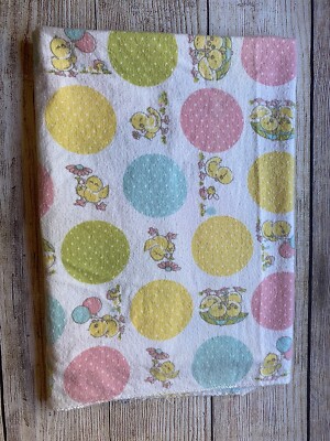 Vintage Cotton Receiving Blanket Baby Yellow Chicks w/ Balloons Umbrella Flowers
