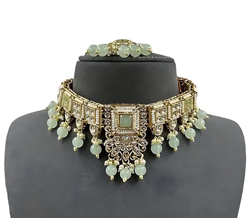 Indian Bollywood Gold Plated Bridal Kundan Style AD Choker Necklace Jewelry Set - Picture 6 of 6