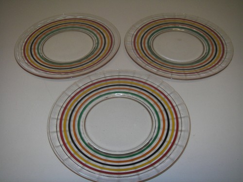 3 Anchor Hocking Glas VERKLEIDET RING DING Multicolor Streifen Mittagessen Teller - Bild 1 von 4