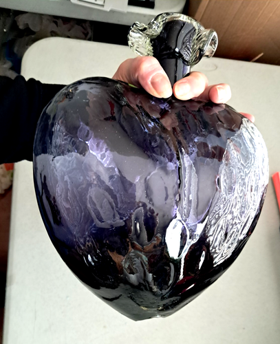 Art Glass Heart Vase Purple Hand Blown Rustic Gothic Black Metal Stand 10x16 H - Picture 9 of 20