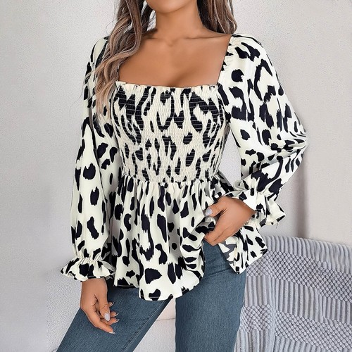 Fall And Winter Women's Casual Ruffled Square Collar Leopard Print Long-sleeved - Picture 19 of 21