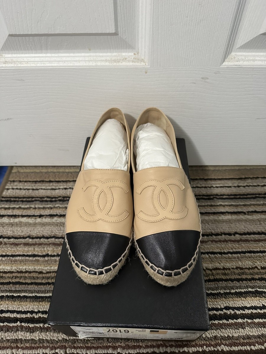 Authentic CHANEL Espadrilles Beige/Black SIZE 36 Lamb Skin Leather