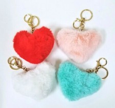 NEW GOLD TONE FAUX RABBIT FUR HEART SHAPE KEY CHAIN,RING,FOB,CHARM,POM POM