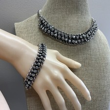 Industrial style chunky rhinestone curb chain necklace and bracelet set