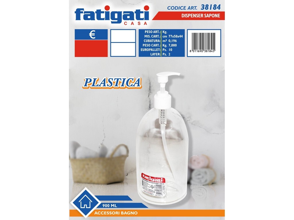 DOSATORE DISPENSER SAPONE LIQUIDO PLASTICA TRASPARENTE ML. 900 FATIGATI PZ.1