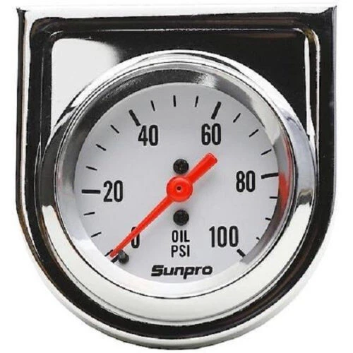 Sunpro 2" Mechanical Oil Pressure Gauge 0-100 PSI White, Chrome Bezel New CP8206 - Image 1 of 1