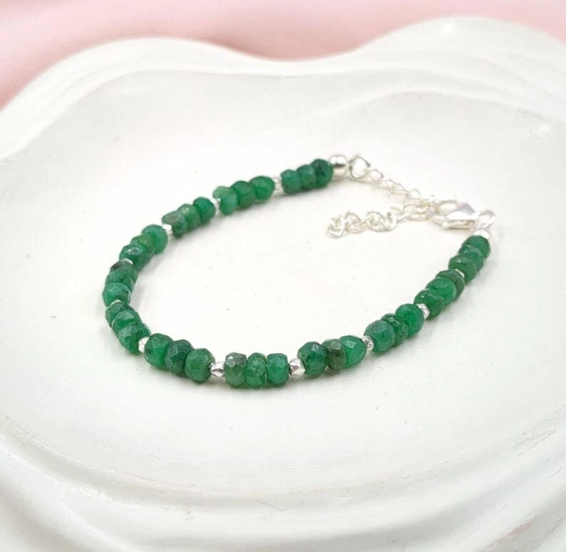 Pulseras hechas a mano con cuentas de piedras preciosas rondelle facetadas esmeralda verde natural 6-8"" Foto 4 de 4