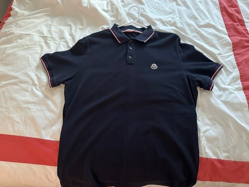 Moncler Tricolor-Trimmed Cotton Piquet Polo Shirt in dark navy blue, men’s size