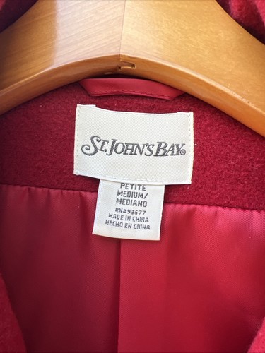 ST John’s Bay Red Wool Blend Pea Coat Lined Pockets Double Breasted WM SZ MP - Picture 4 of 13