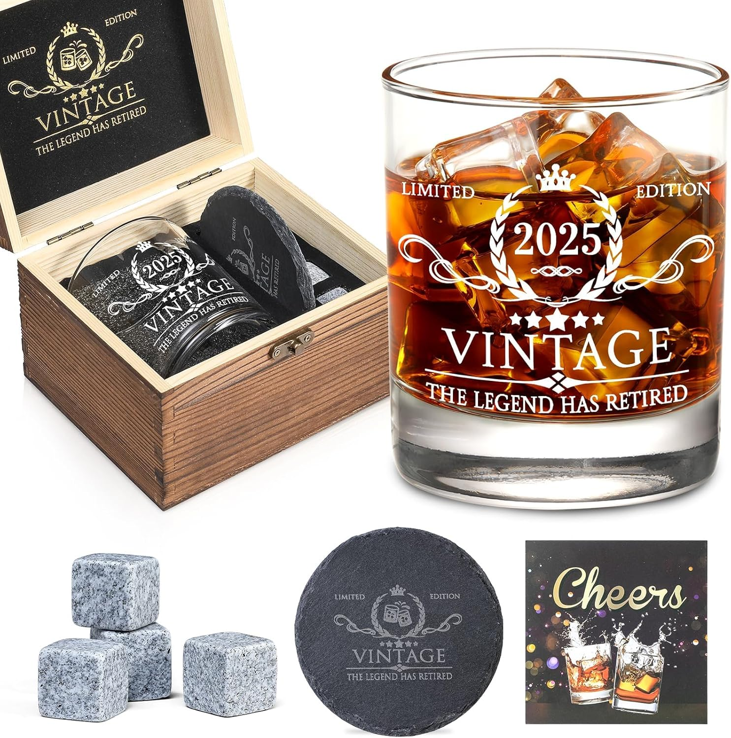Retirement Gifts for Men Whiskey Glass Set 2025, Wood Box Whiskey Stones Coaster