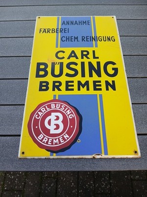 Altes Reklameschild Büsing Reinigung Bremen Emaille Gelb Blau Vintage