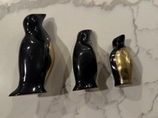 Vintage Brass & Enamel Penguin Figurines Set of 3 Black & Gold Mid Century Style