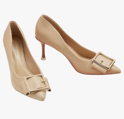 C. Paravano Size 10 (41)  Square Elegance Buckled Pumps Beige/Camel Kitten Heel