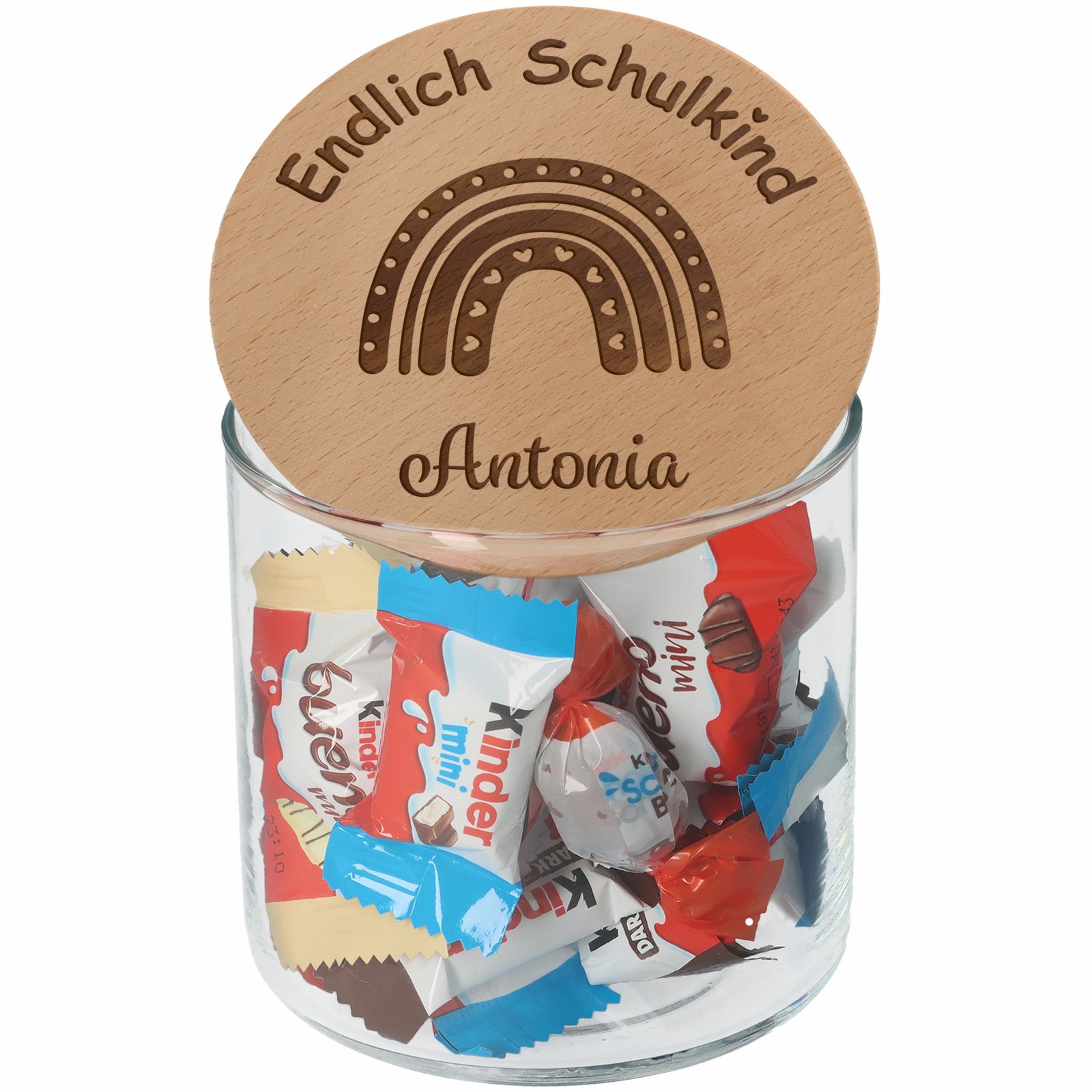 Geschenkglas Endlich Schulkind Regenbogen Herz Persönlicher Name