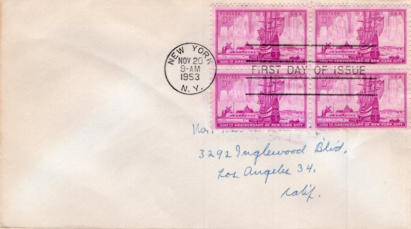 1953 #1027 NEW YORK CITY 300TH ANNIVERSARY BLOCK OF 4 FDC W/ NO CACHET TO LA CA