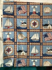 Classic Cottons Fabric Sailboats USA Lighthouse Sailboats Squares 4.5 Yard X 44