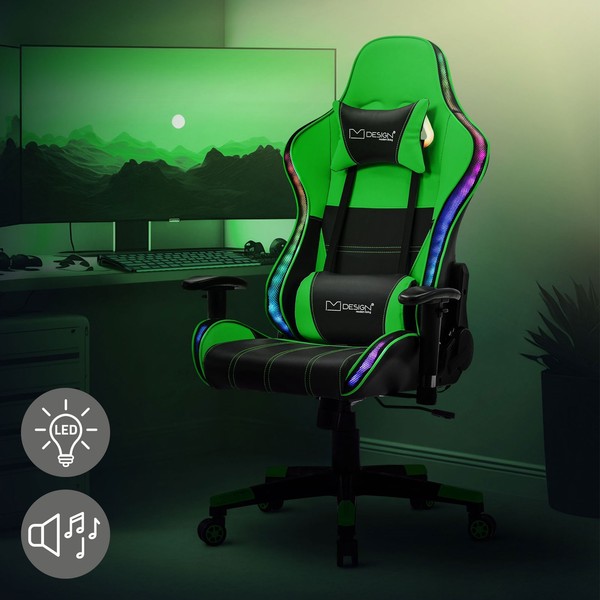 Silla gaming verde para escritorio asiento racing gamer luz led RGB y bluetooth