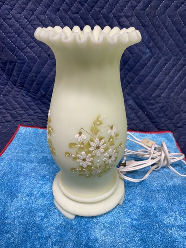 Fenton Hand Painted Custard Hurricane Lamp/ Signed