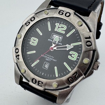 VTG Milan Quartz Watch Men 30m Silver Black Leather Fixed Bezel Date New Battery