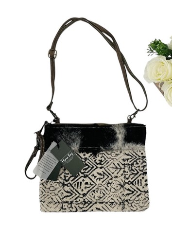 Myra Tasche Kalbshaar Chevron Crossbody Bag Schultertasche Handtasche Grau Canvas NEU