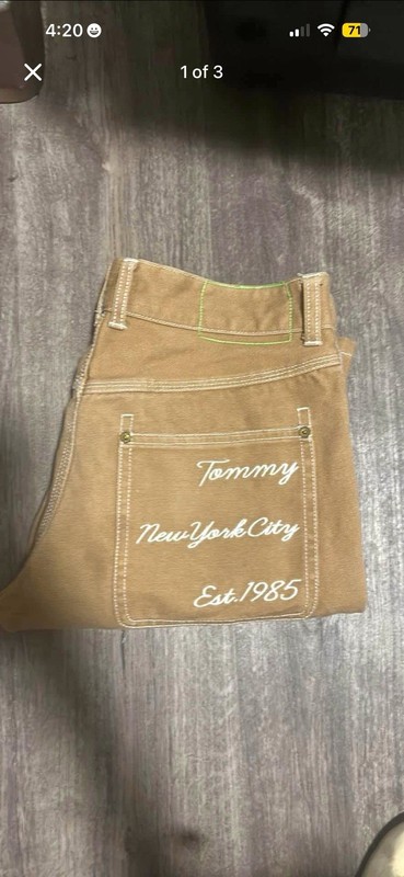 Tommy Beige Men's Casual Straight Pants M Embroidered Patch Pockets Button Zip