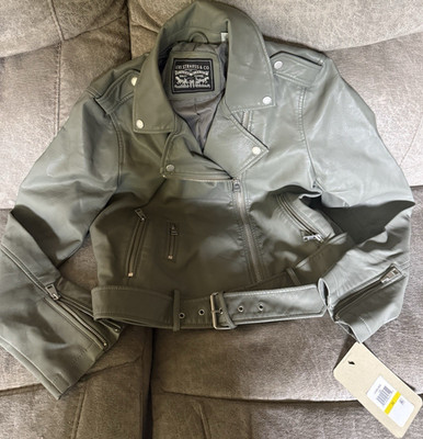 Levi Strauss & Co Sage Green Olive Grey Faux Leather Belted Biker Jacket Women M
