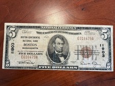 $5 Note 1929 T1 National Boston Continental Massachusetts MA SCARCE Prob Free VF