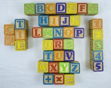 1960's 39 Wood Blocks Letters Numbers Words  Animals Learning Toys Multi Sided