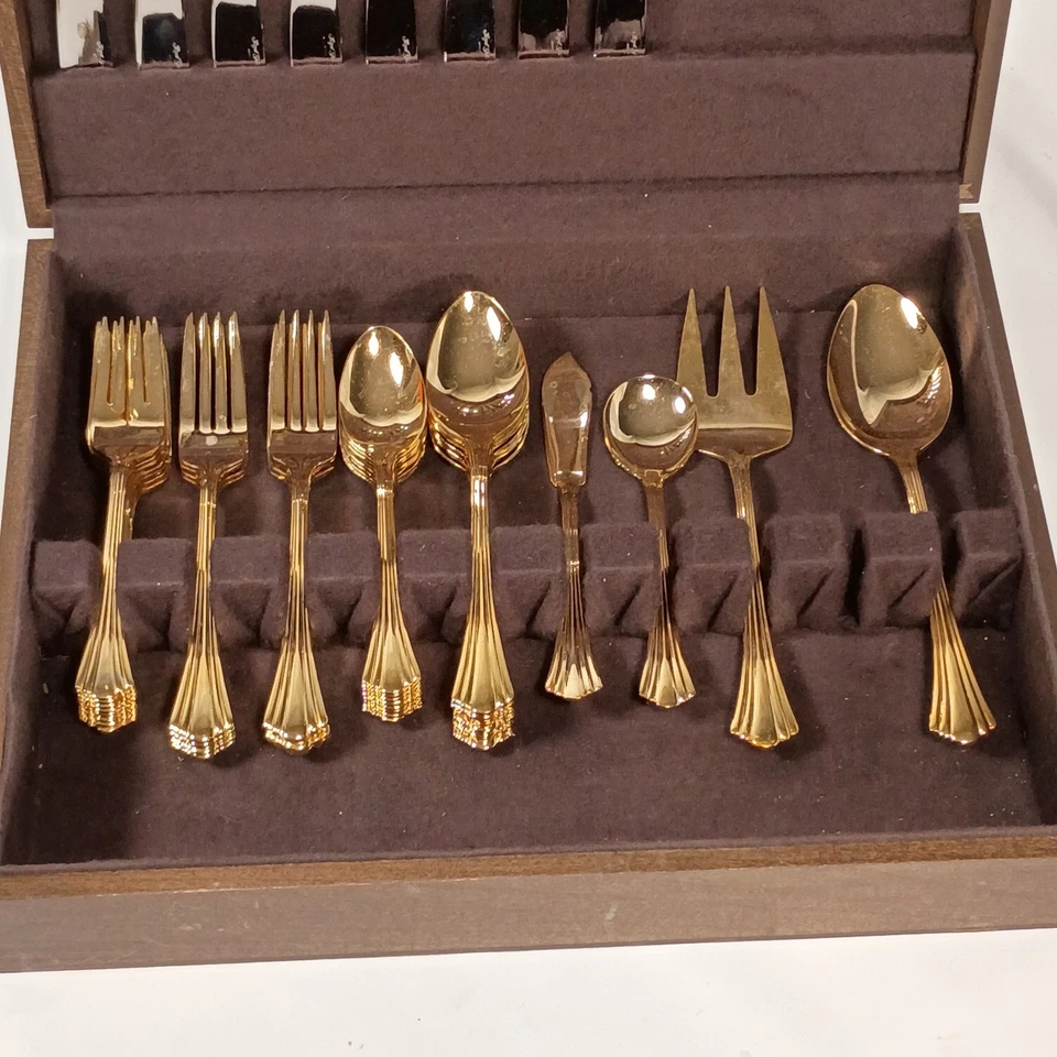 Luxury Gold Tone Flatware Set 12 Piece Service for 4 Cutlery Utensils In Case - Image 2 of 4