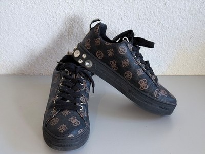 GUESS women's sneakers platform shoes 4G logo black brown rhinestones size 37