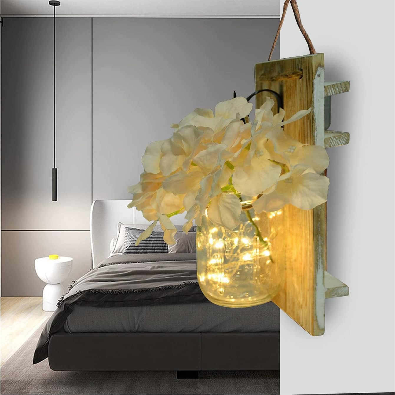 Rustic Mason Jar Wall Decor Sconces with LED Fairy Lights -Battery Cordless W...