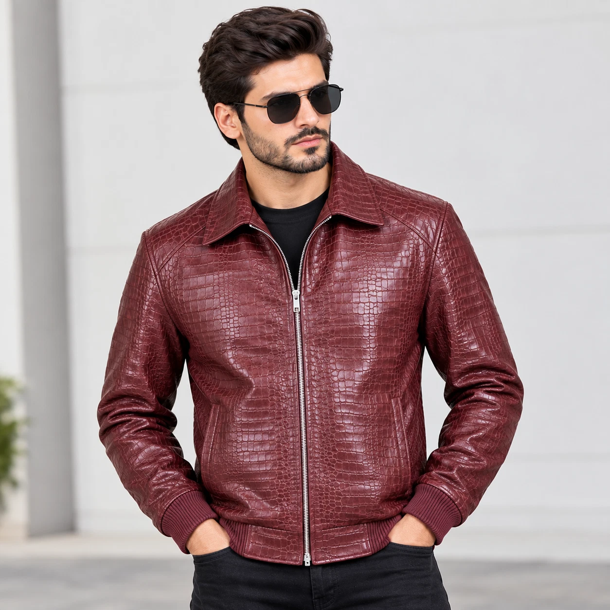 Men’s Burgundy Crocodile Embossed Genuine Leather Bomber Jacket - product detail image 2