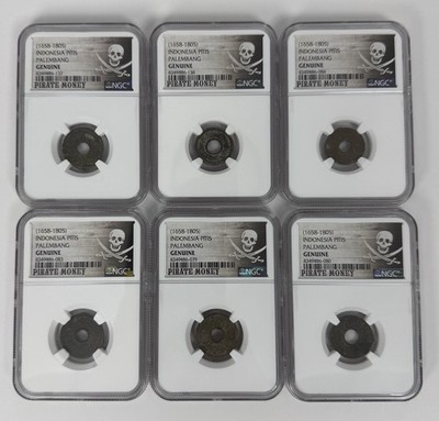 Lot Of (6) 1658-1805 Indonesia Pitis Palembang NGC Genuine Pirate Money Ancient