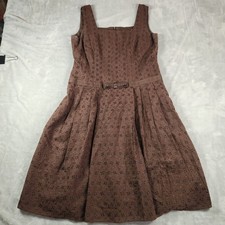 Talbots Brown Eyelet Embroidered Midi Dress Size 10 Classic Cottagecore Peasant