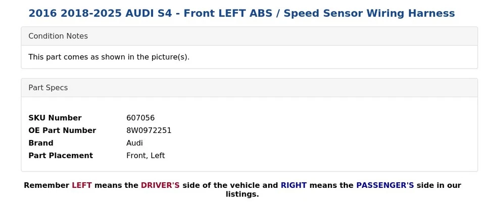 AUDI S4 2016 2018-2025 - ABS/sensor de velocidad delantero izquierdo arnés de cableado Foto 4 de 4