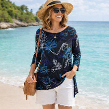 Black Floral Top Slinky Chico  s 3/ XL Asymmetrical Hem Tunic Stretch Travel