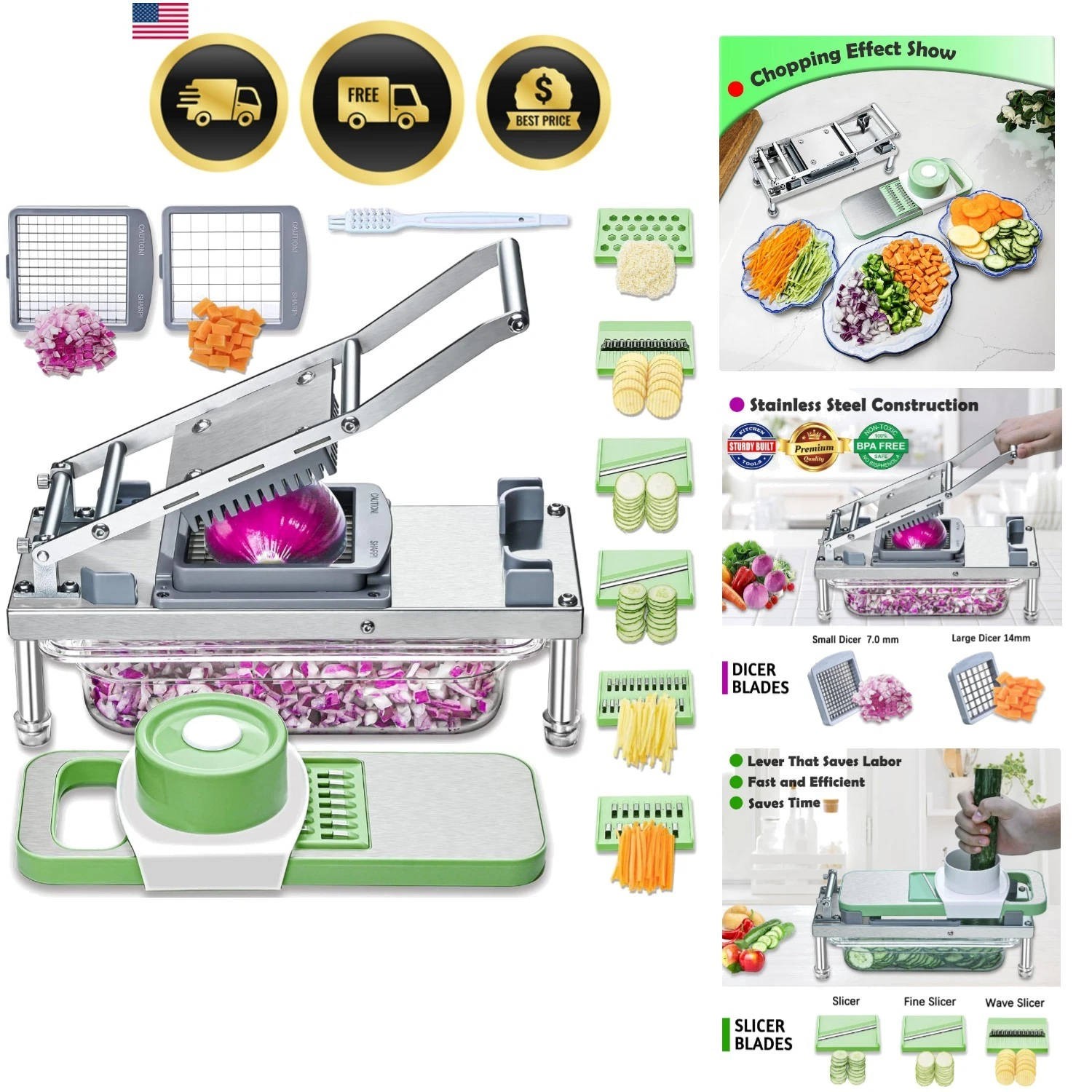 Vegetable Chopper Food Dicer With 8 Blades Mandoline Slicer Stainless Steel