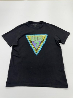 GUESS Mens T-Shirt Black Logo Graphic Size L Regular Fit Crew Neck