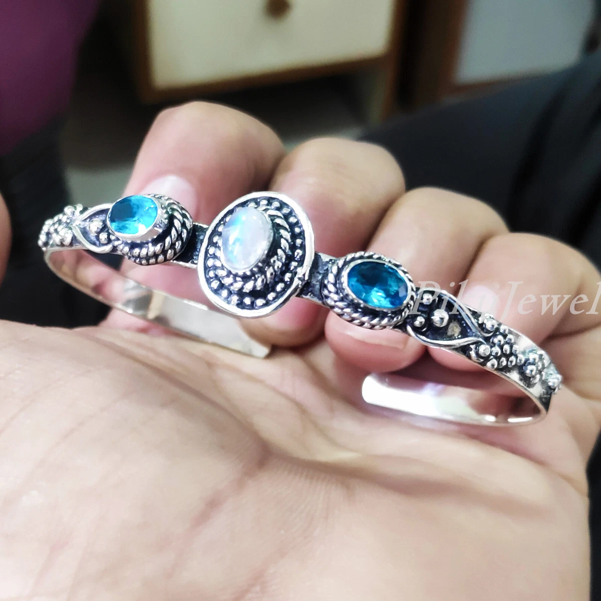 London Blue Topaz Moonstone Gemstone 925 Sterling Silver Bangle