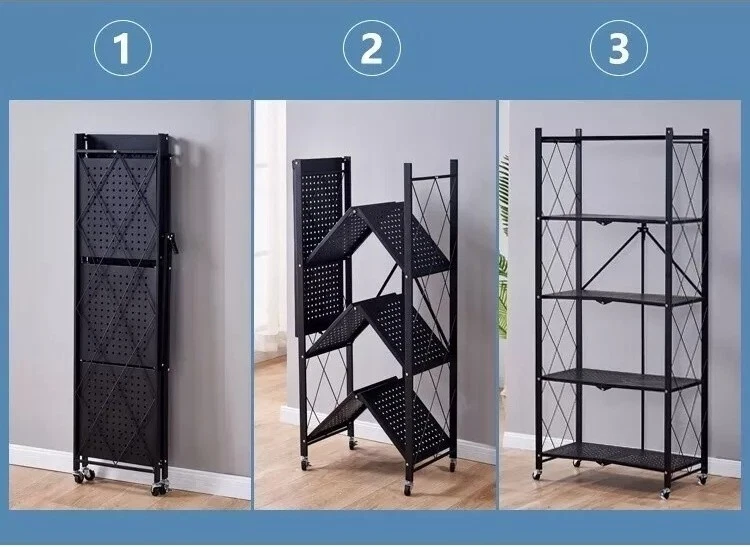 4 Tier Foldable Metal Storage Shelving Rack Heavy Duty With Wheel Home Organizer - Image 2 of 4