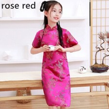 Girl Satin Cheongsam Qipao Dress Short Sleeve Tang Suit Dress Knee Length Slim