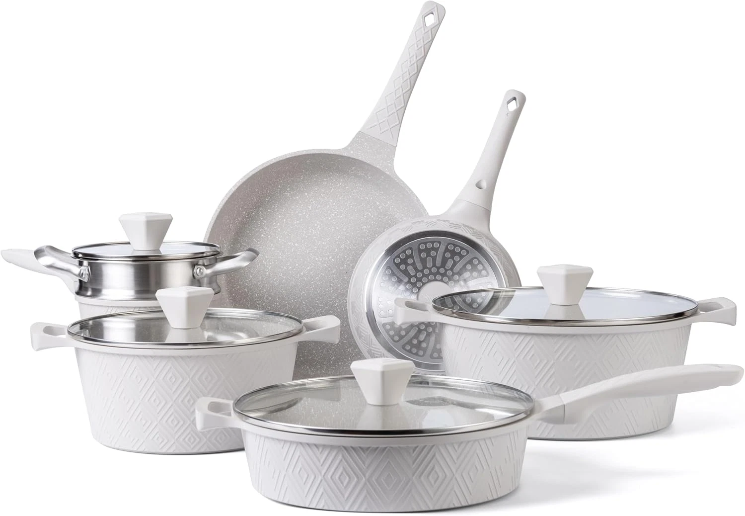 Durable Non-Stick Cast Aluminum 11-Pc Cookware Set - Cream Rhombus Design